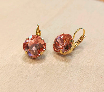Crystal square drop earrings rose peach,gold plated