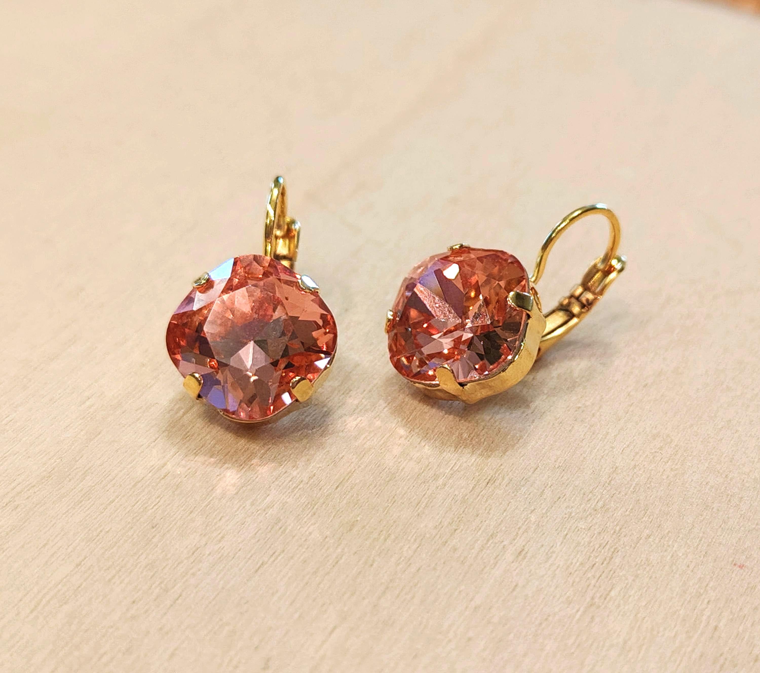 Crystal square drop earrings rose peach,gold plated
