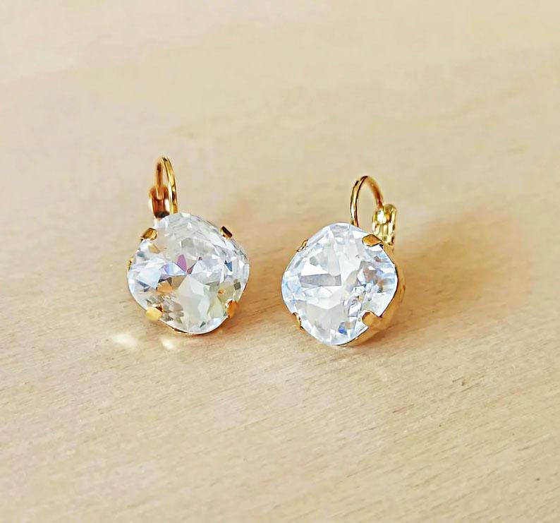 Crystal  square drop earrings clear crystal,gold plated