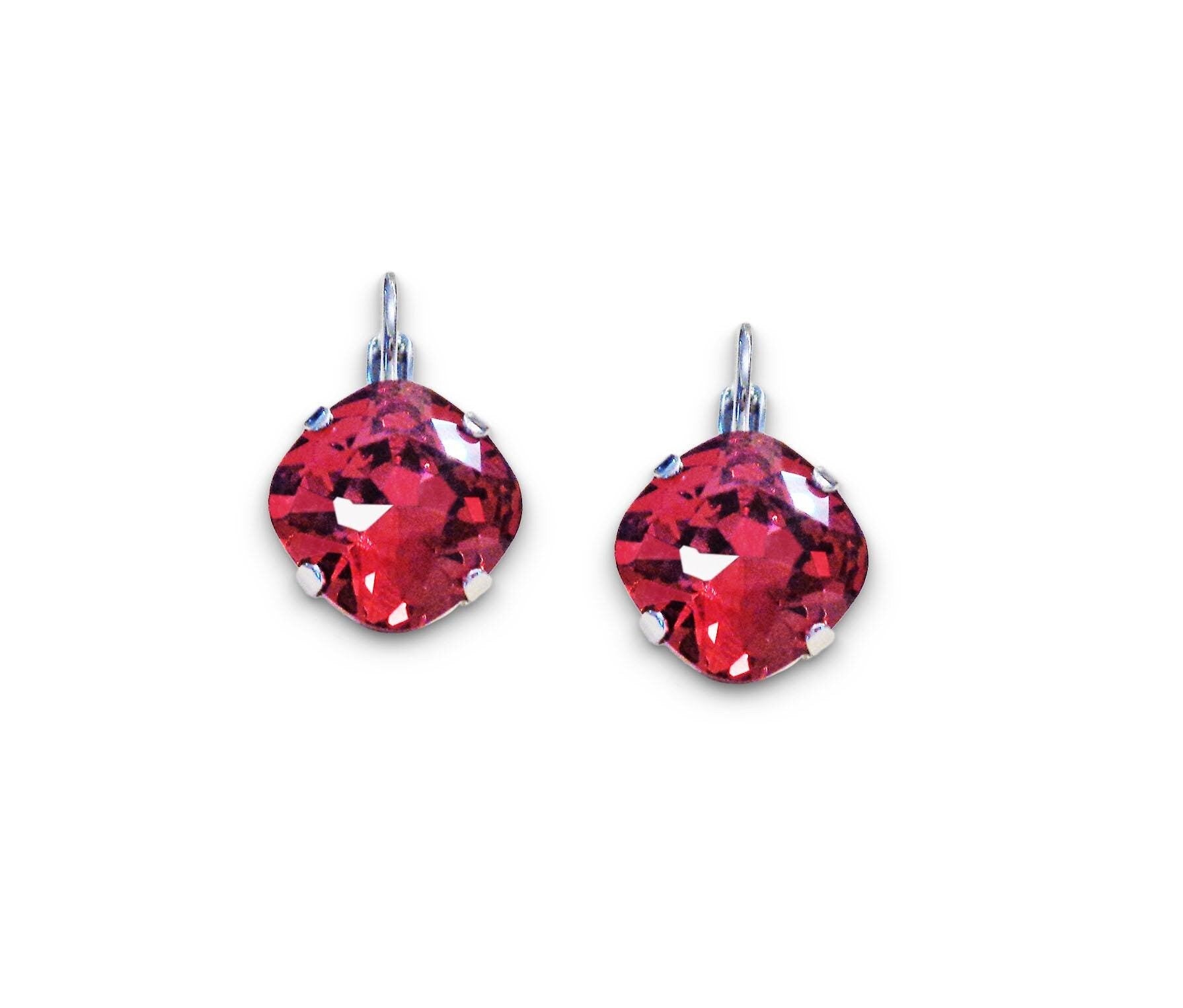 Crystal  square drop earrings Scarlet red ,rhodium silver