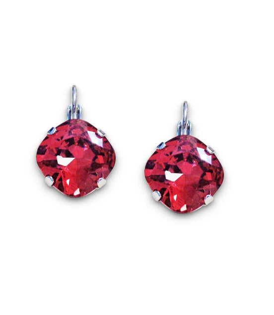 Crystal  square drop earrings Scarlet red ,rhodium silver