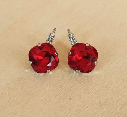 Crystal  square drop earrings Scarlet red ,rhodium silver