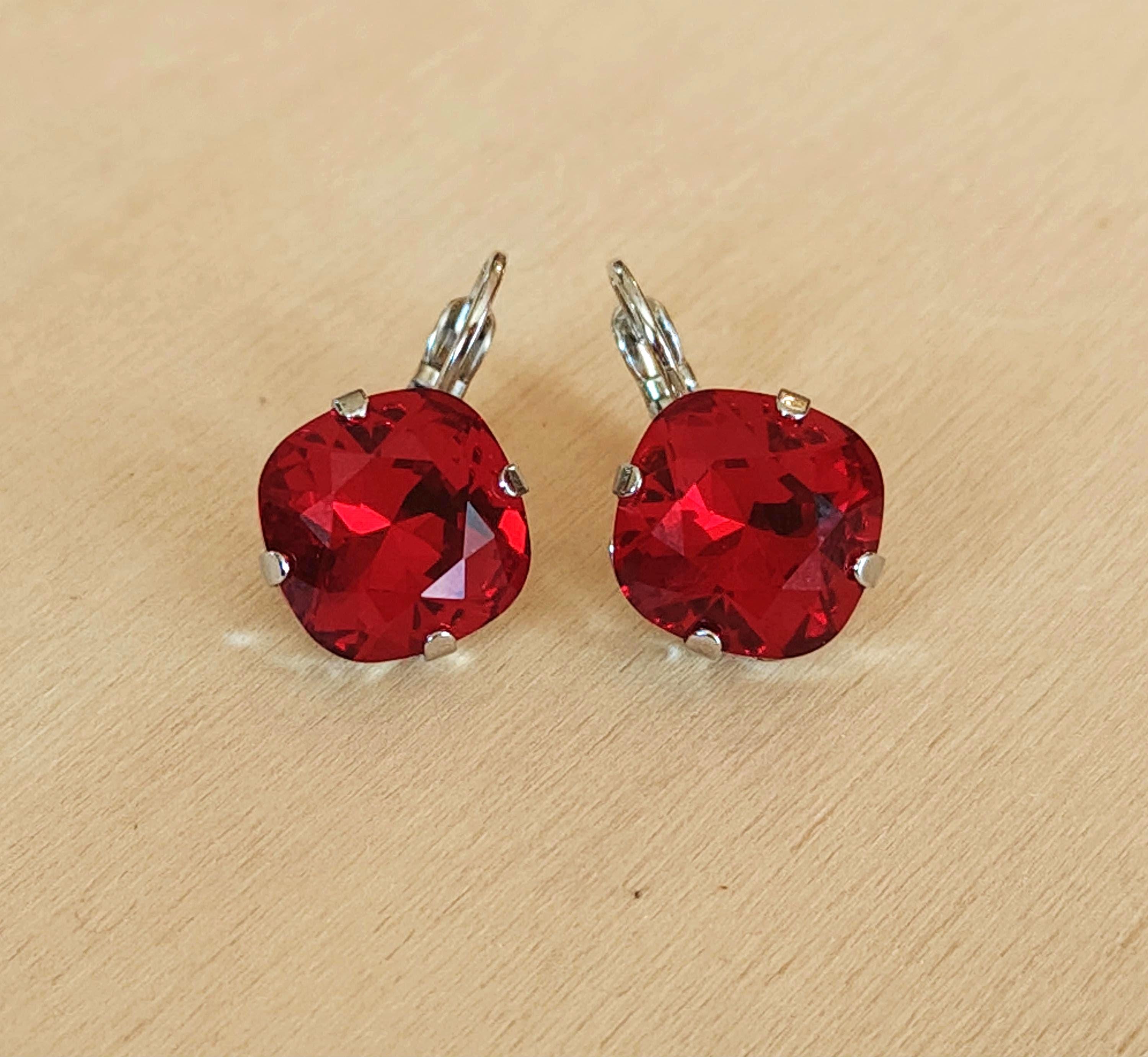 Crystal  square drop earrings Scarlet red ,rhodium silver