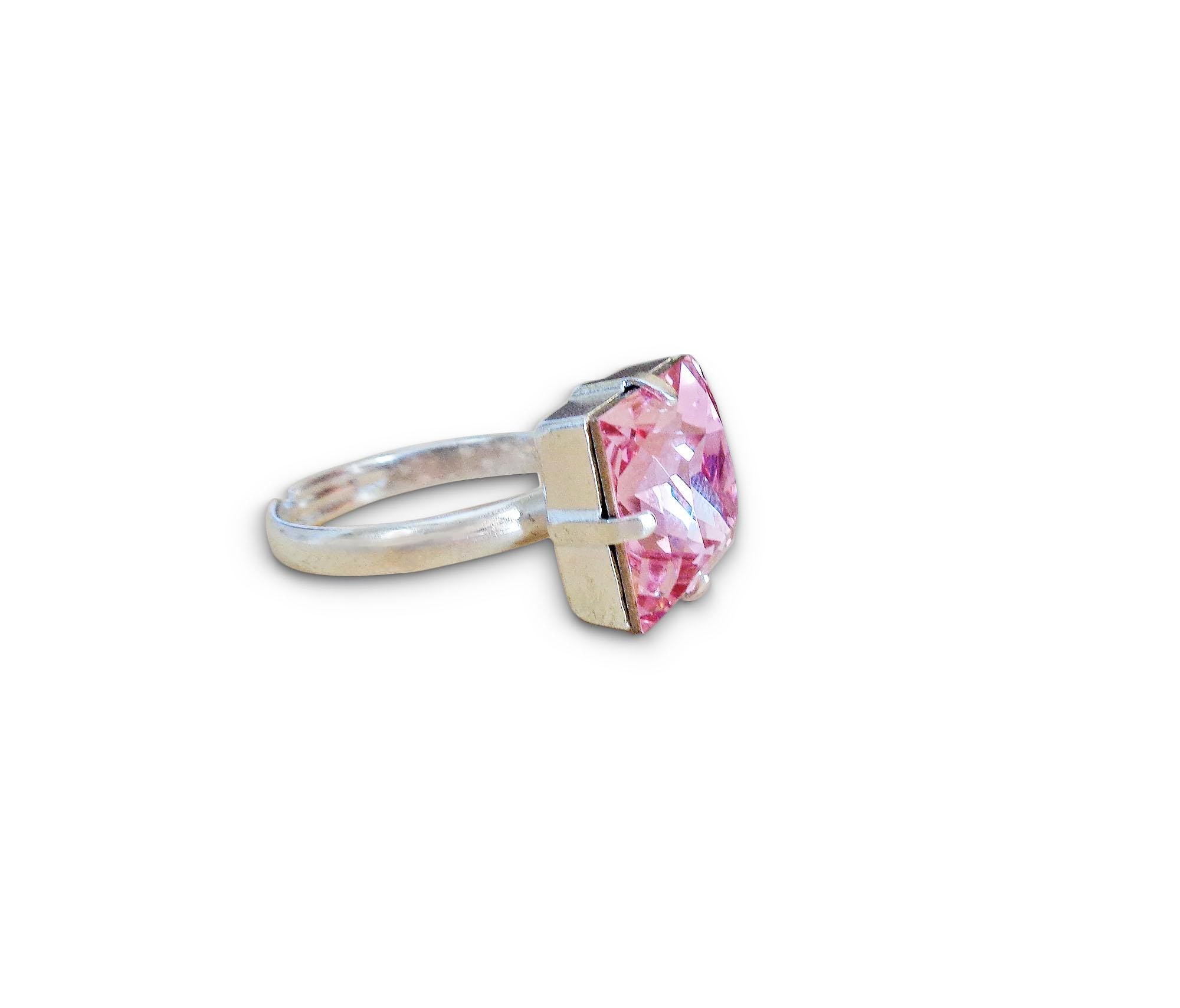 Crystal princess square ring light rose,silver plated