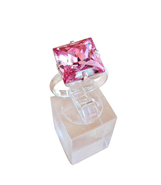 Crystal princess square ring light rose,silver plated