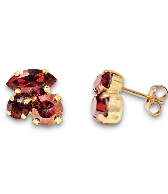 Crystal mini multistone stud earrings,scarlet,red magma,gold plated