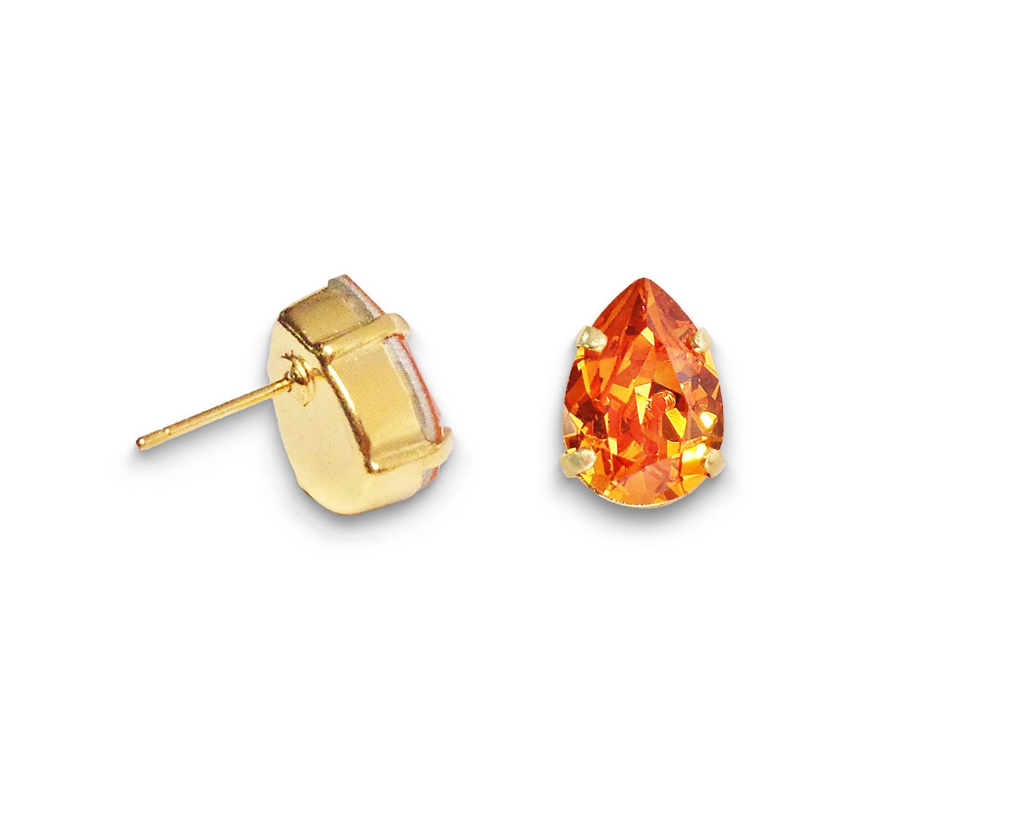 Crystal pear stud earrings Tangerine,yellow gold