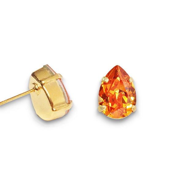 Crystal pear stud earrings Tangerine,yellow gold