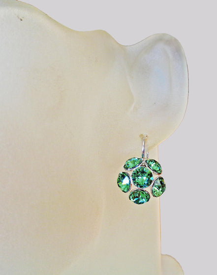 Austrian crystal erinite green round  drop earrings,rhodium silver