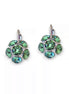 Pair of green gemstone earrings on a white background
Rhodium silver plated Austrian crystal earrings in colour green erinite which is a warm green colour medium tone.Very elegant and light weight .The drop consists of siz crystals in half ball shape