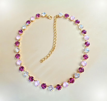 A ROSE IS A ROSE crystal tennis  necklace,dark rose and soft pink,