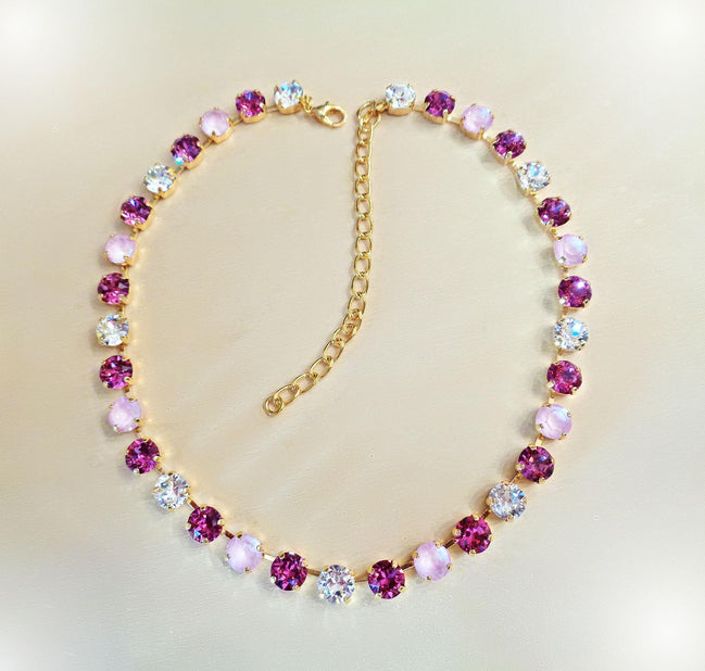 A ROSE IS A ROSE crystal tennis  necklace,dark rose and soft pink,