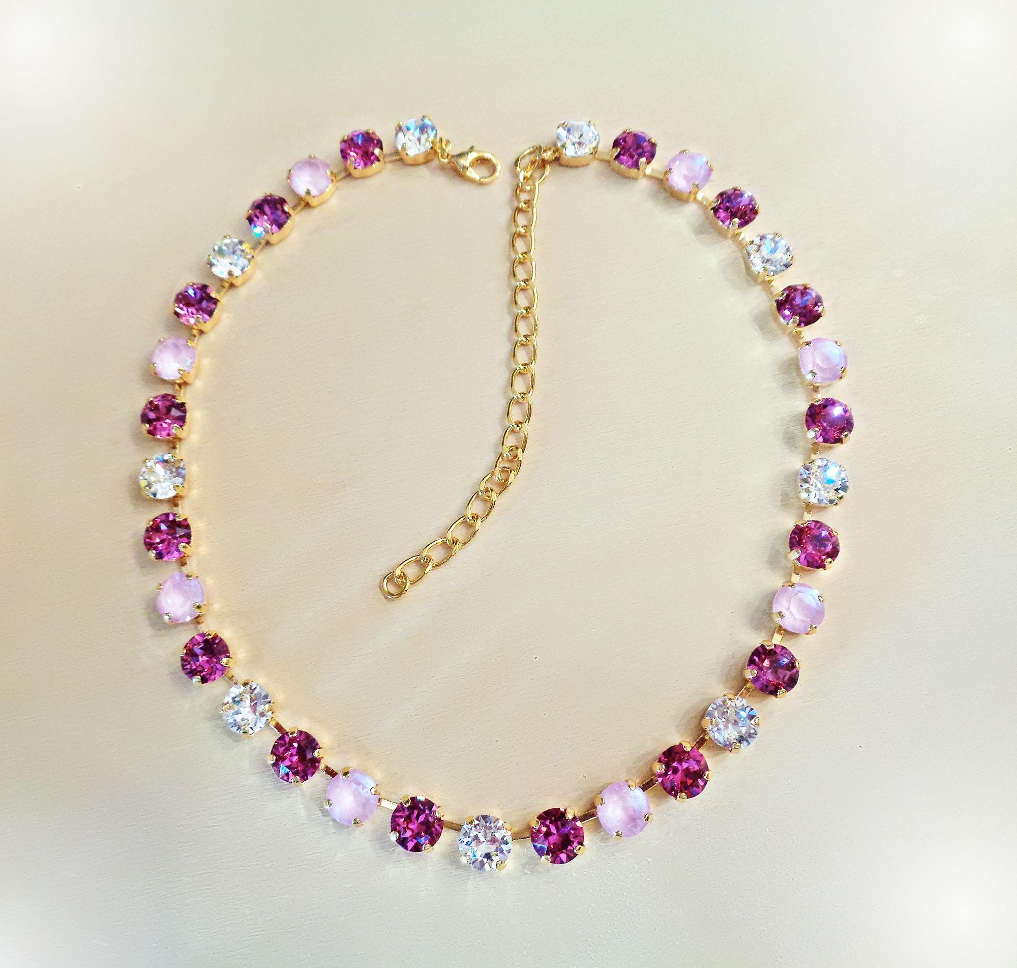 A ROSE IS A ROSE crystal tennis  necklace,dark rose and soft pink,