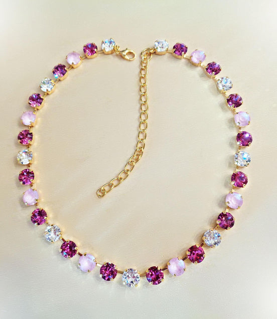 A ROSE IS A ROSE crystal tennis  necklace,dark rose and soft pink,