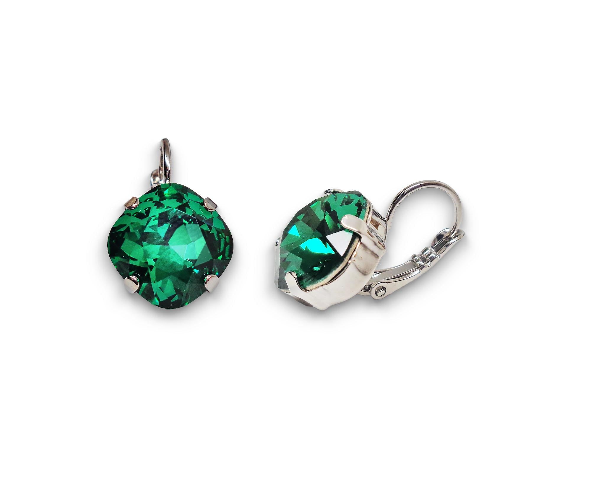 Crystal  square drop earrings majestic green ,rhodium silver