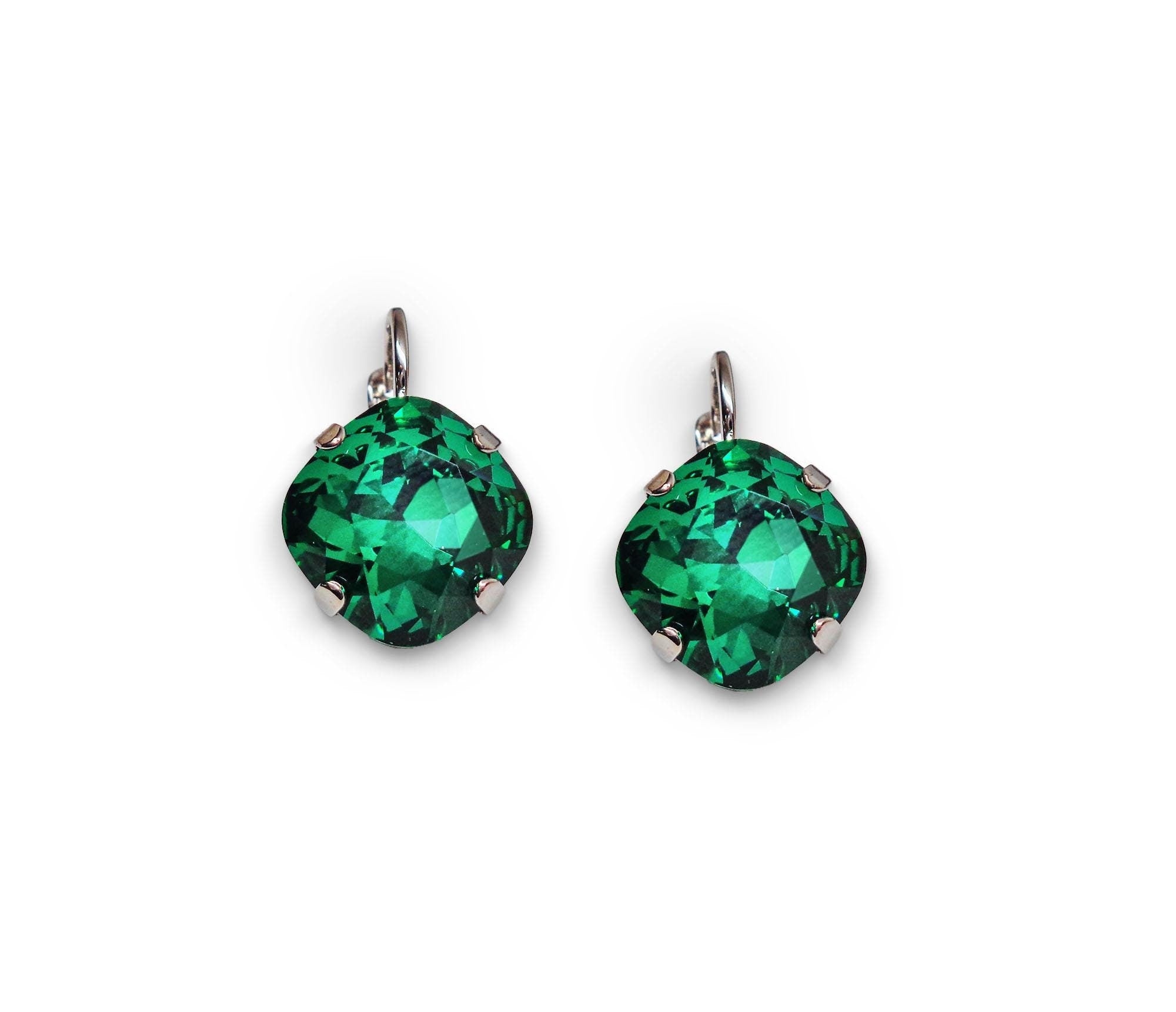Crystal  square drop earrings majestic green ,rhodium silver