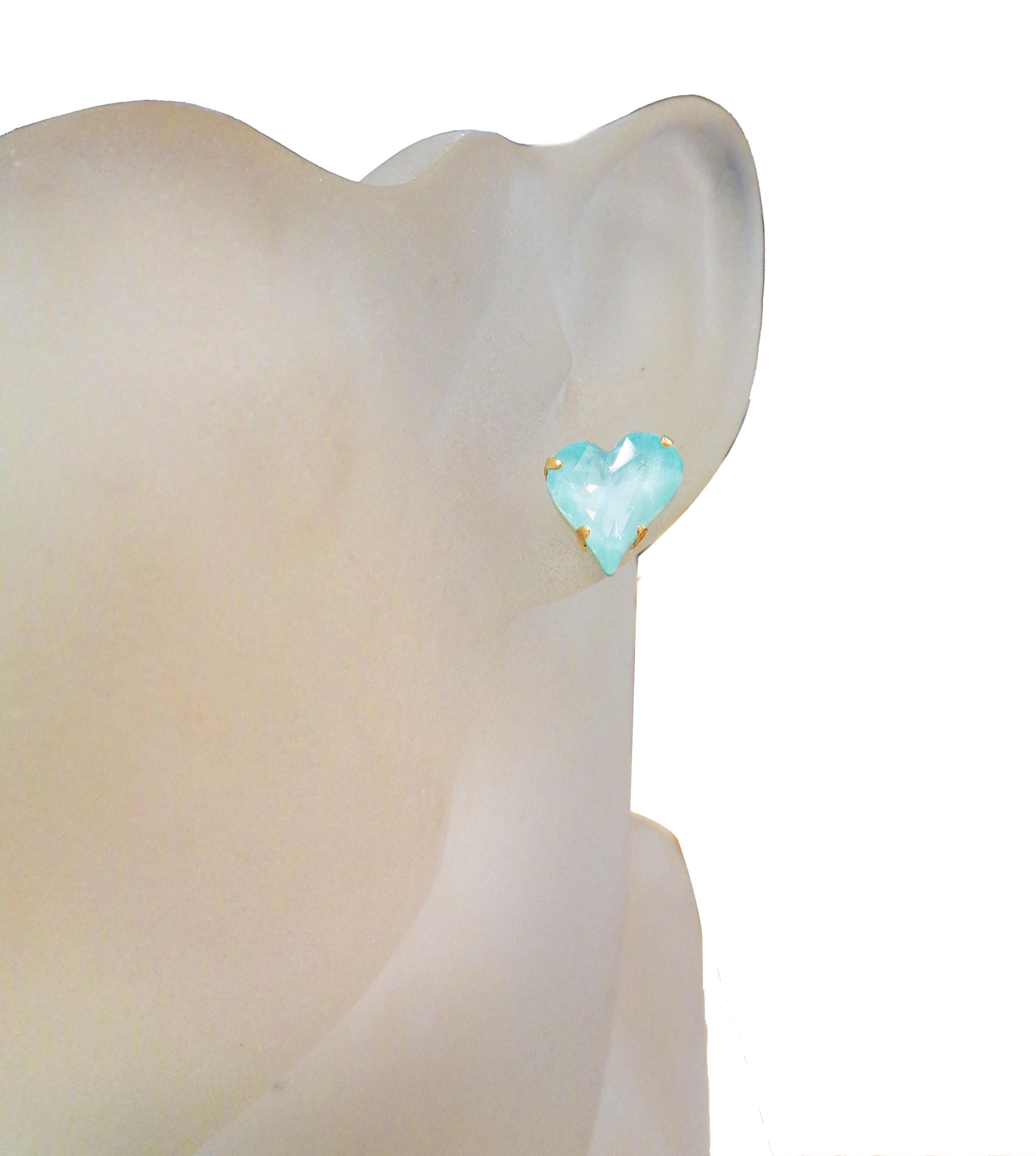 Crystal  sweetheart stud earrings,soft mint ,yellow gold plated