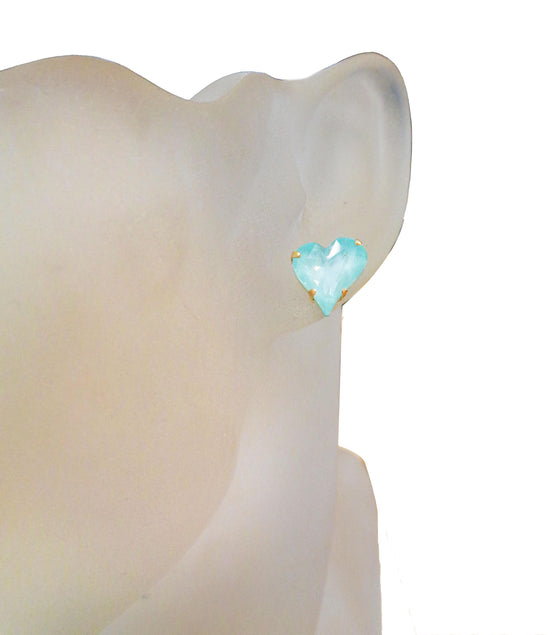 Crystal  sweetheart stud earrings,soft mint ,yellow gold plated