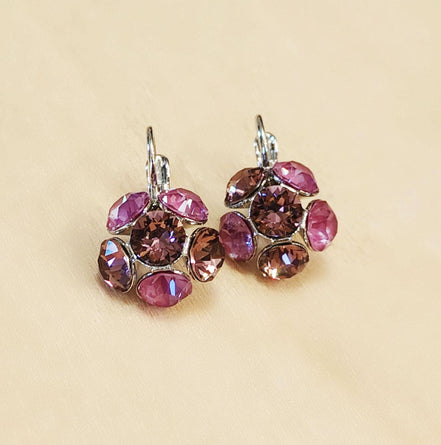 Crystal drop, dark pink,earrings,rhodium silver