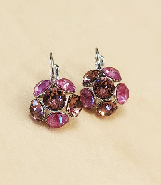 Crystal drop, dark pink,earrings,rhodium silver