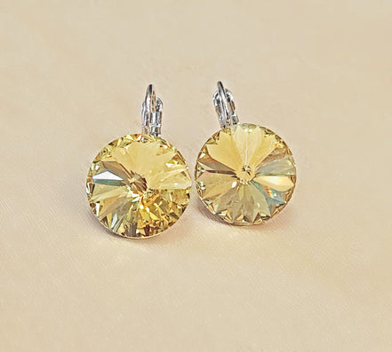 Crystal rivoli  drop earrings, dark yelow ,rhodium silver