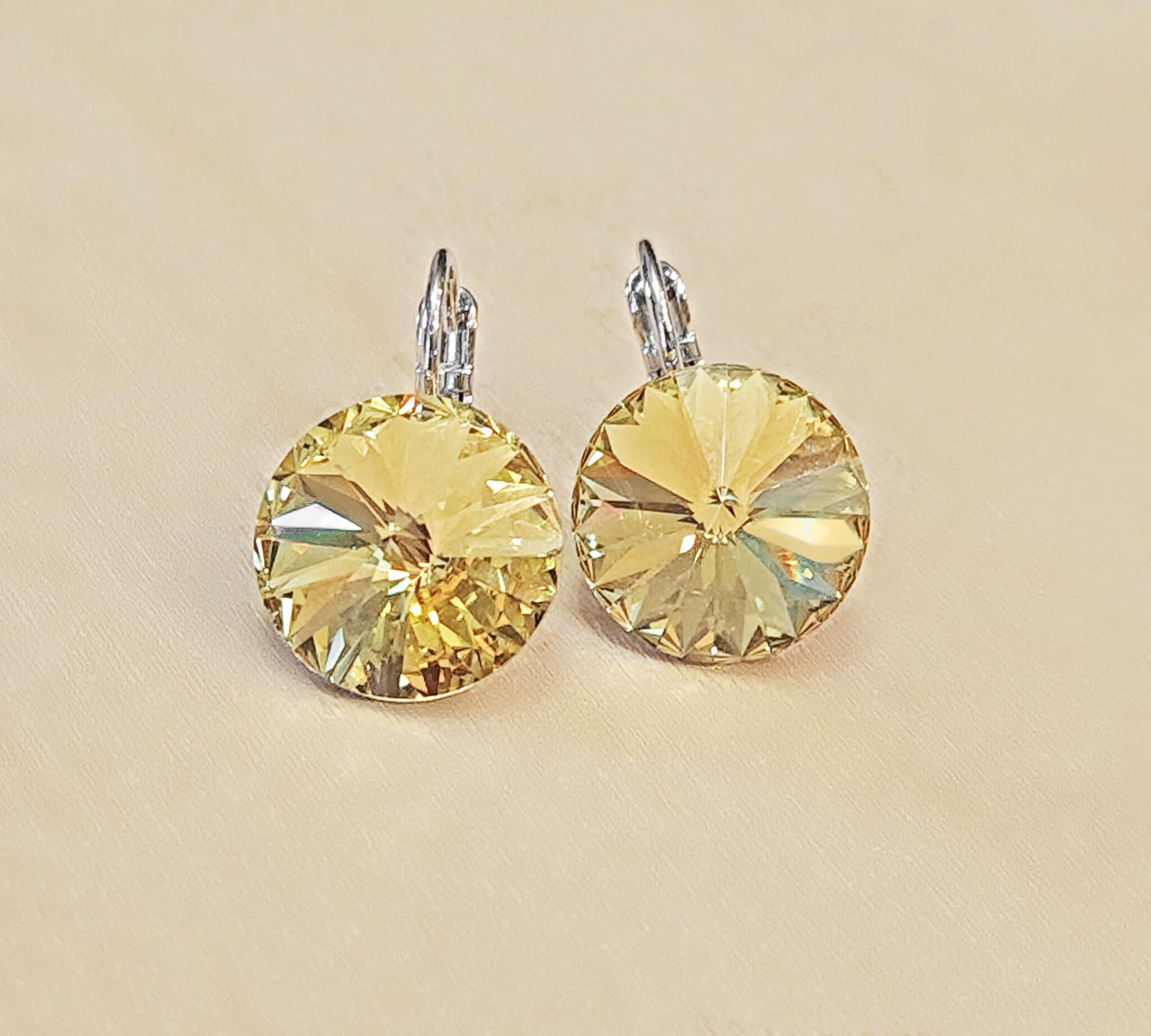 Crystal rivoli  drop earrings, dark yelow ,rhodium silver