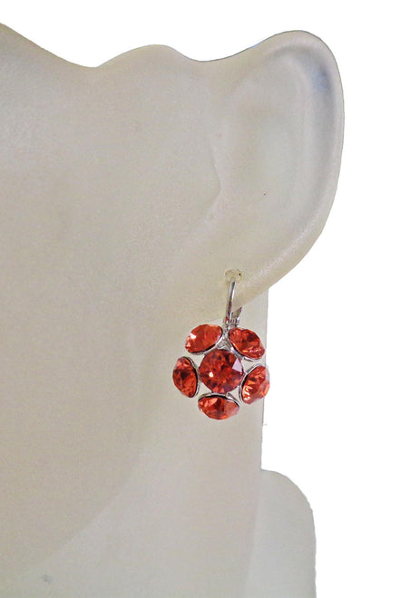 Crystal drop,bright red ,earrings,rhodium silver