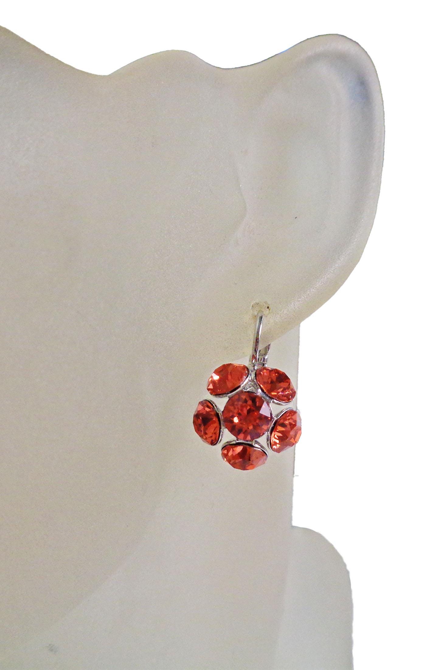 Crystal drop,bright red ,earrings,rhodium silver