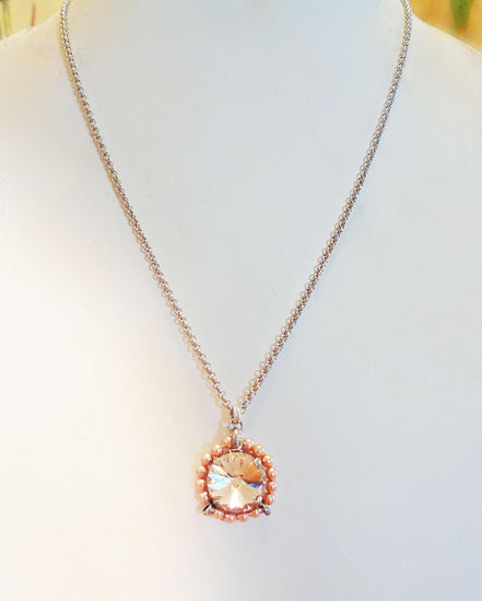 Crystal and pearl round pendant necklace light silk