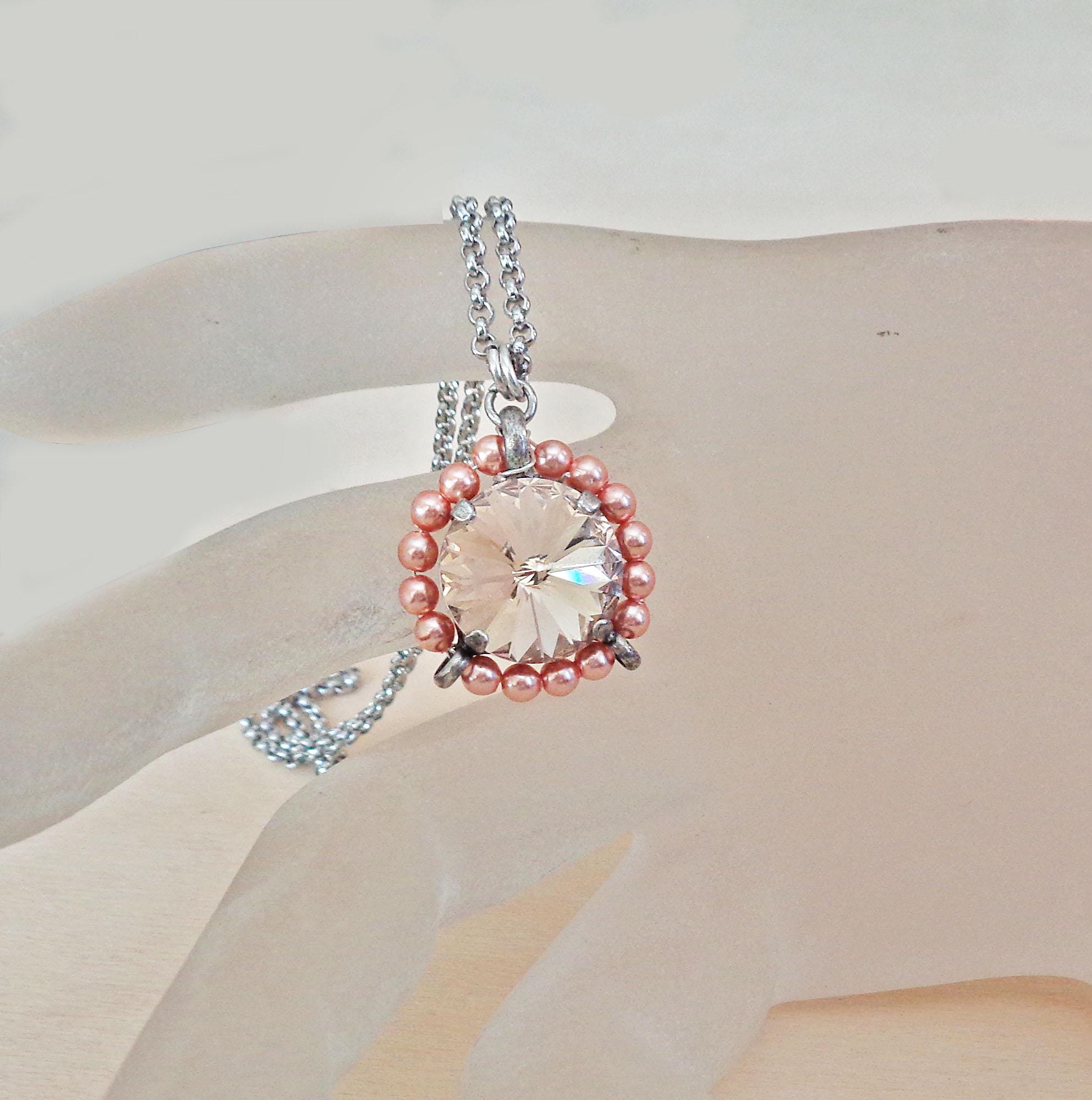 Crystal and pearl round pendant necklace light silk