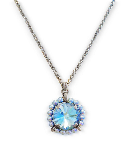 Crystal and pearl round pendant necklace aquamarine
