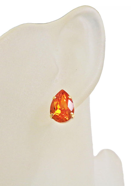 Crystal pear stud earrings Tangerine,yellow gold