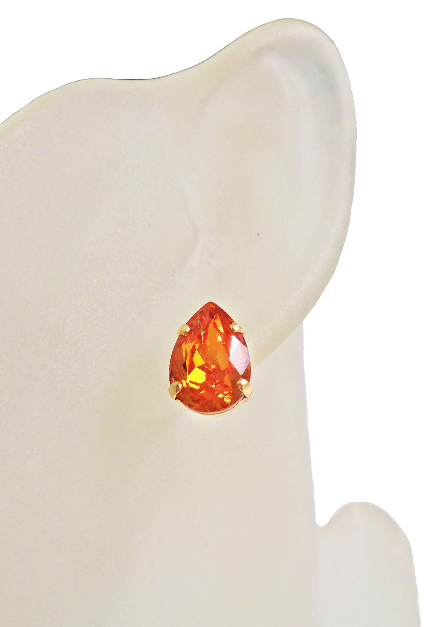 Crystal pear stud earrings Tangerine,yellow gold