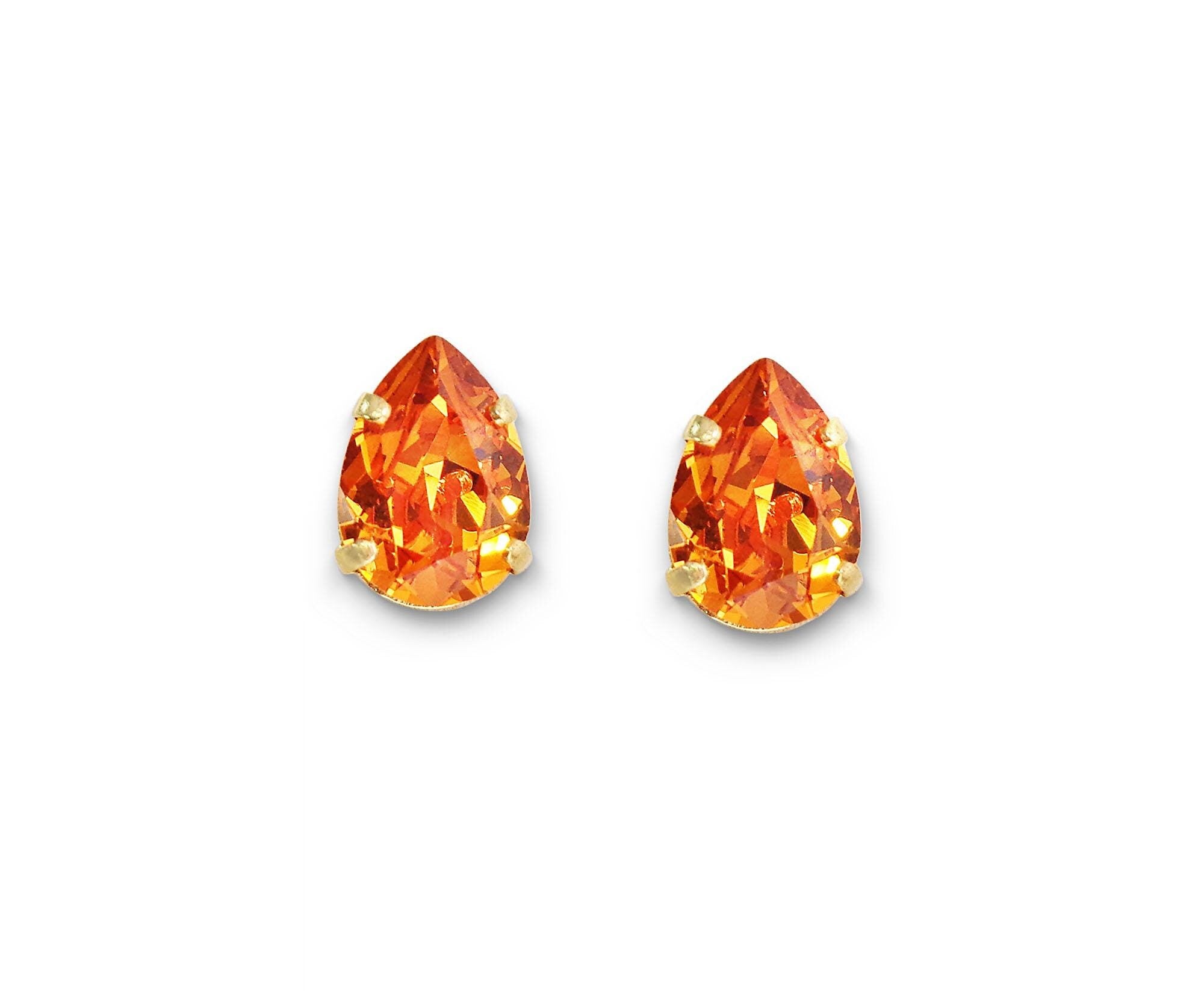 Crystal pear stud earrings Tangerine,yellow gold
