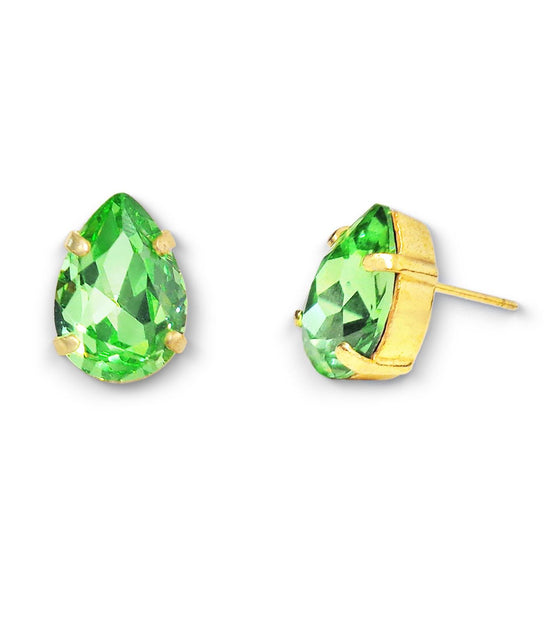 Crystal pear stud earrings green ,yellow gold