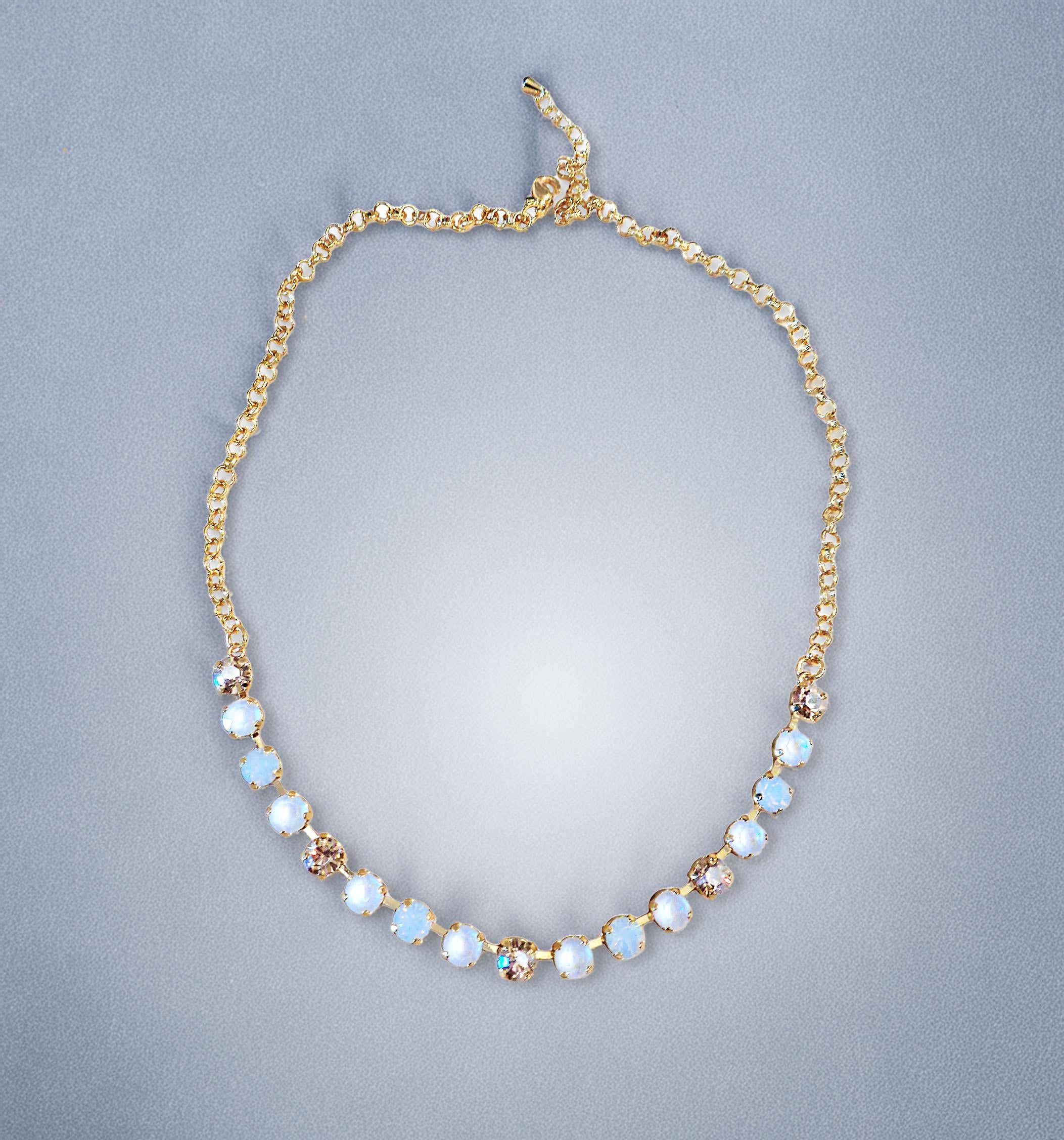 Crystal chain necklace white opal,gold  ,yellow gold