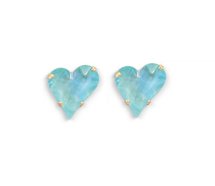 Crystal  sweetheart stud earrings,soft mint ,yellow gold plated