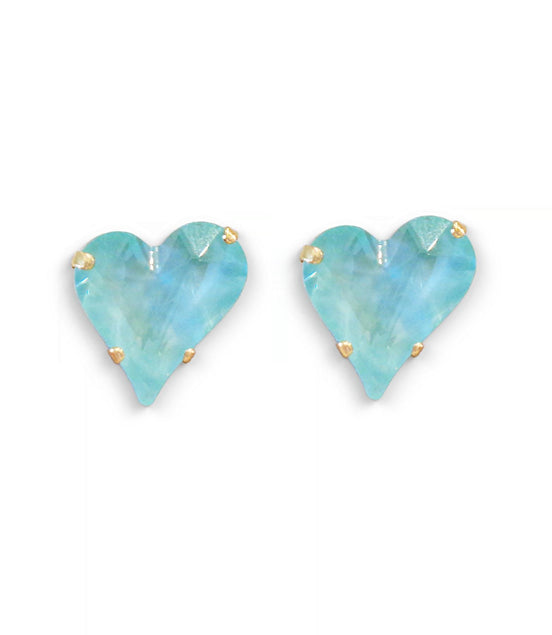 Crystal  sweetheart stud earrings,soft mint ,yellow gold plated