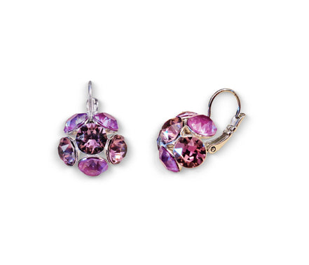 Crystal drop, dark pink,earrings,rhodium silver