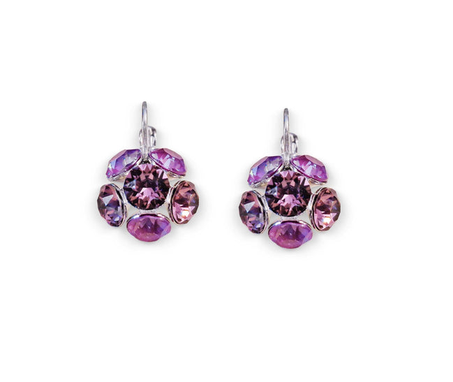 Crystal drop, dark pink,earrings,rhodium silver