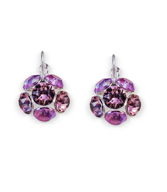 Crystal drop, dark pink,earrings,rhodium silver