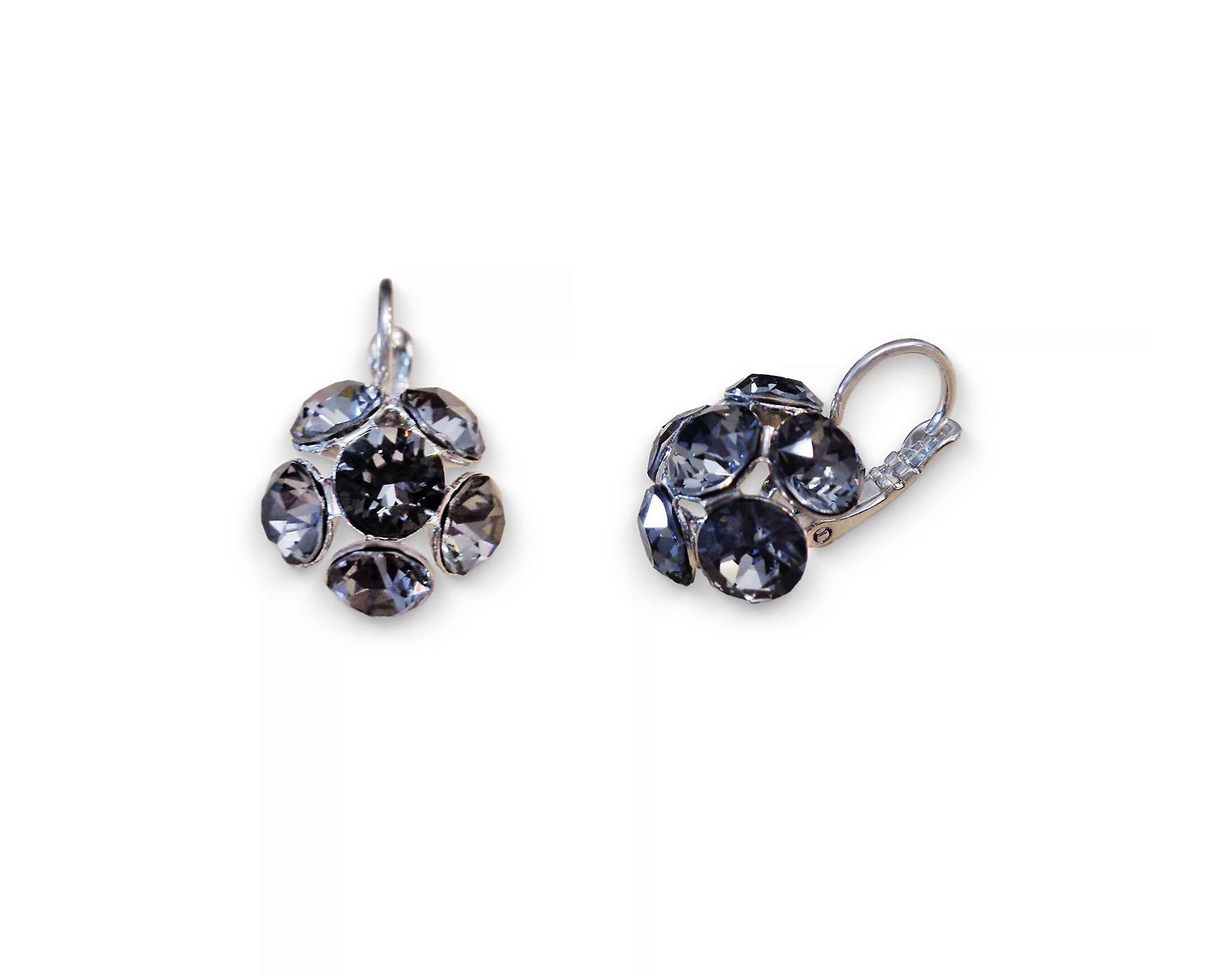 Crystal drop,black silver night ,earrings,rhodium silver