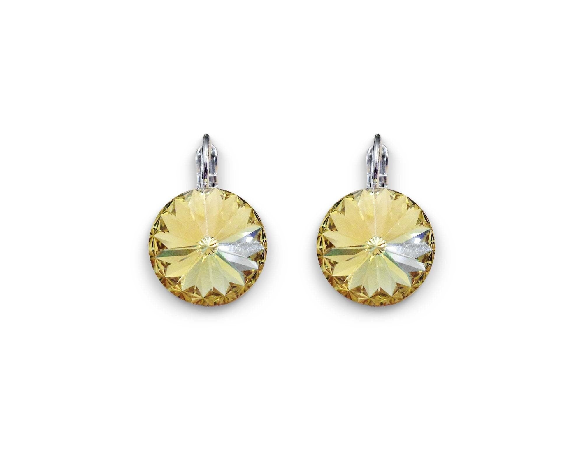 Crystal rivoli  drop earrings, dark yelow ,rhodium silver