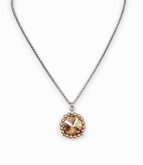 Crystal and pearl round pendant necklace golden shadow
