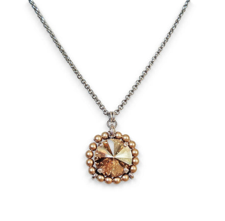 Crystal and pearl round pendant necklace golden shadow