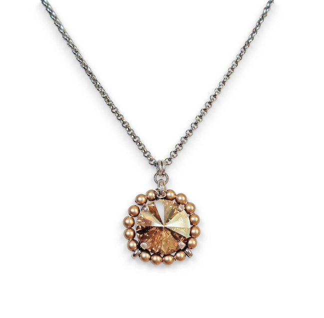 Crystal and pearl round pendant necklace golden shadow