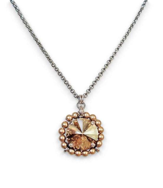 Crystal and pearl round pendant necklace golden shadow