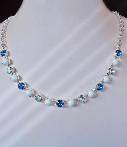Crystals and pearls ,ice blue ,pastel blue necklace, bright silver