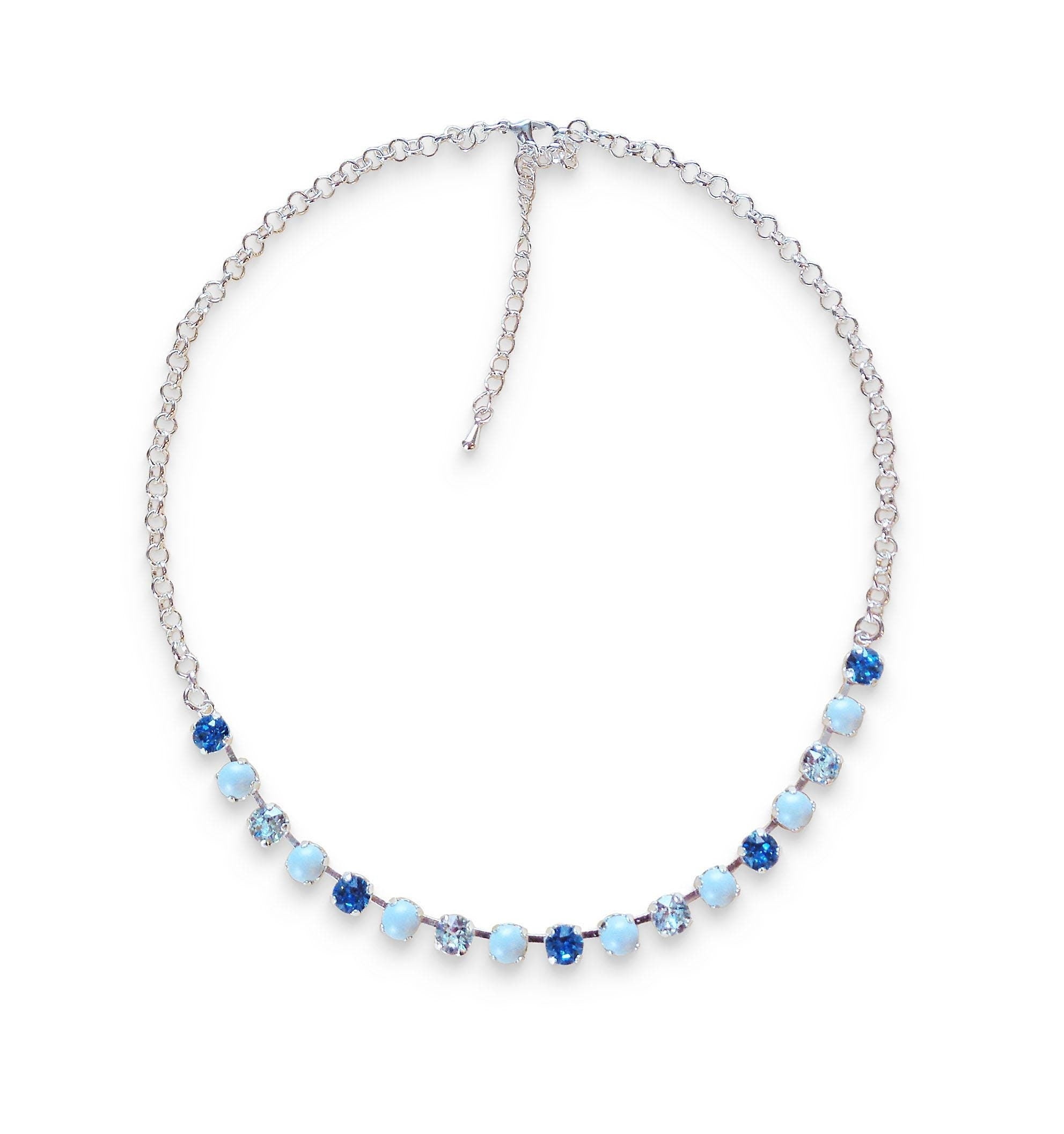 Collier en cristaux et perles Swarovski, bleu glacier, bleu pastel, plaqué argent brillant