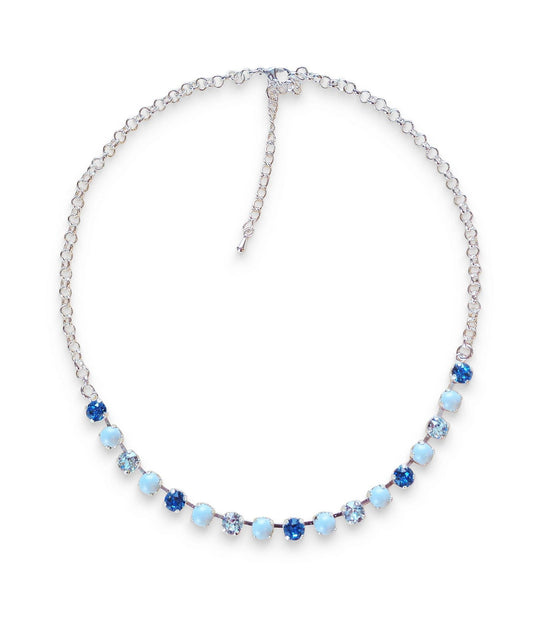 Collier en cristaux et perles Swarovski, bleu glacier, bleu pastel, plaqué argent brillant